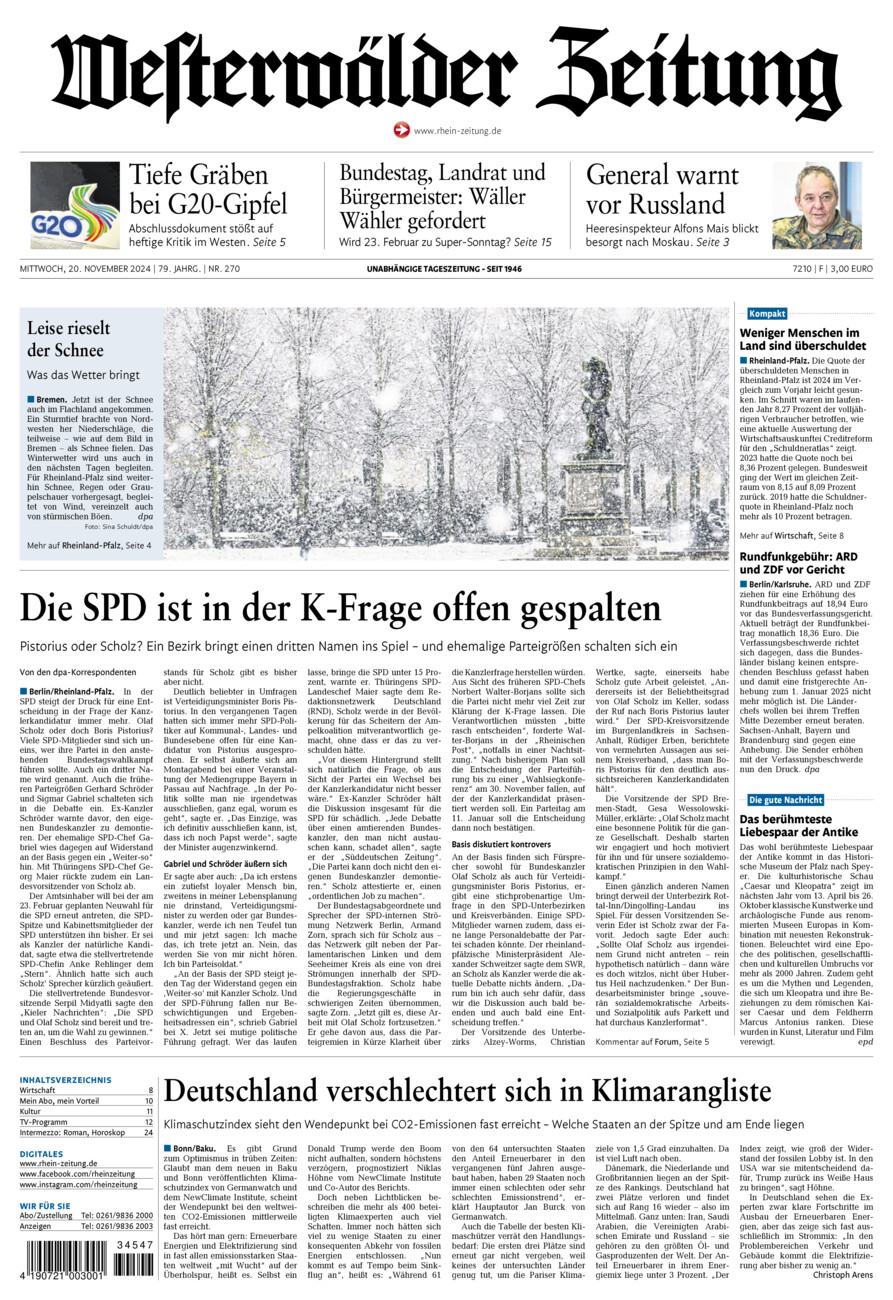 Westerwälder Zeitung vom Mittwoch, 20.11.2024