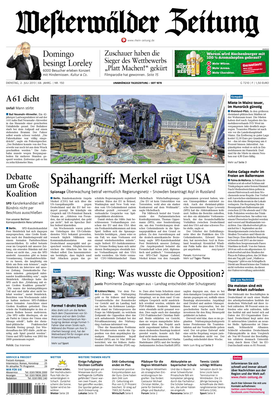 Westerwälder Zeitung vom Dienstag, 02.07.2013