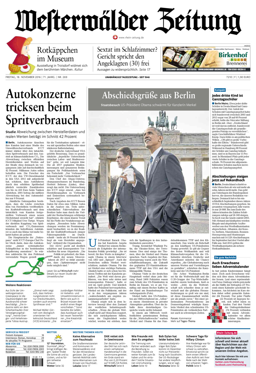 Westerwälder Zeitung vom Freitag, 18.11.2016