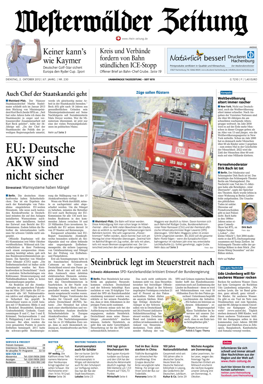 Westerwälder Zeitung vom Dienstag, 02.10.2012