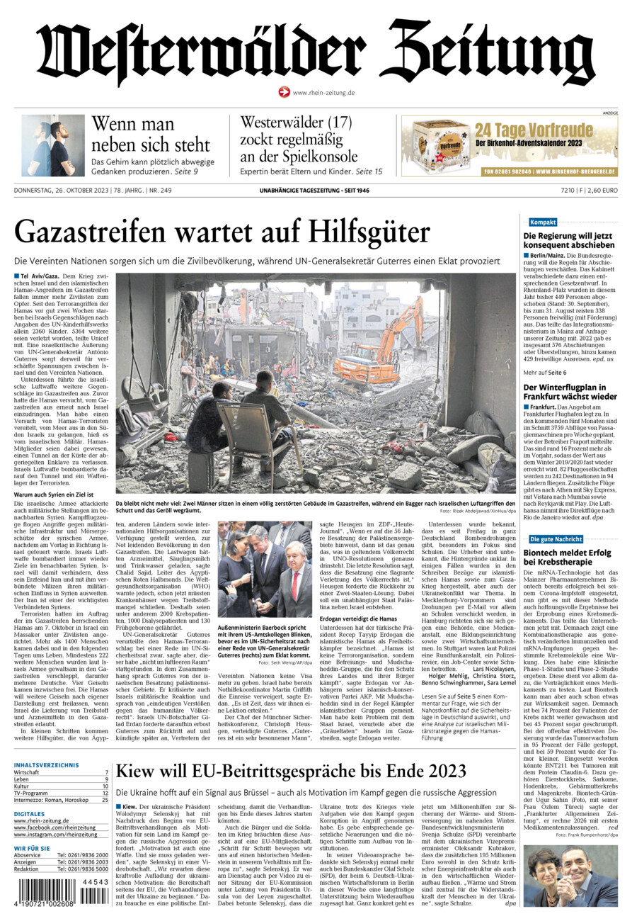 Westerwälder Zeitung vom Donnerstag, 26.10.2023