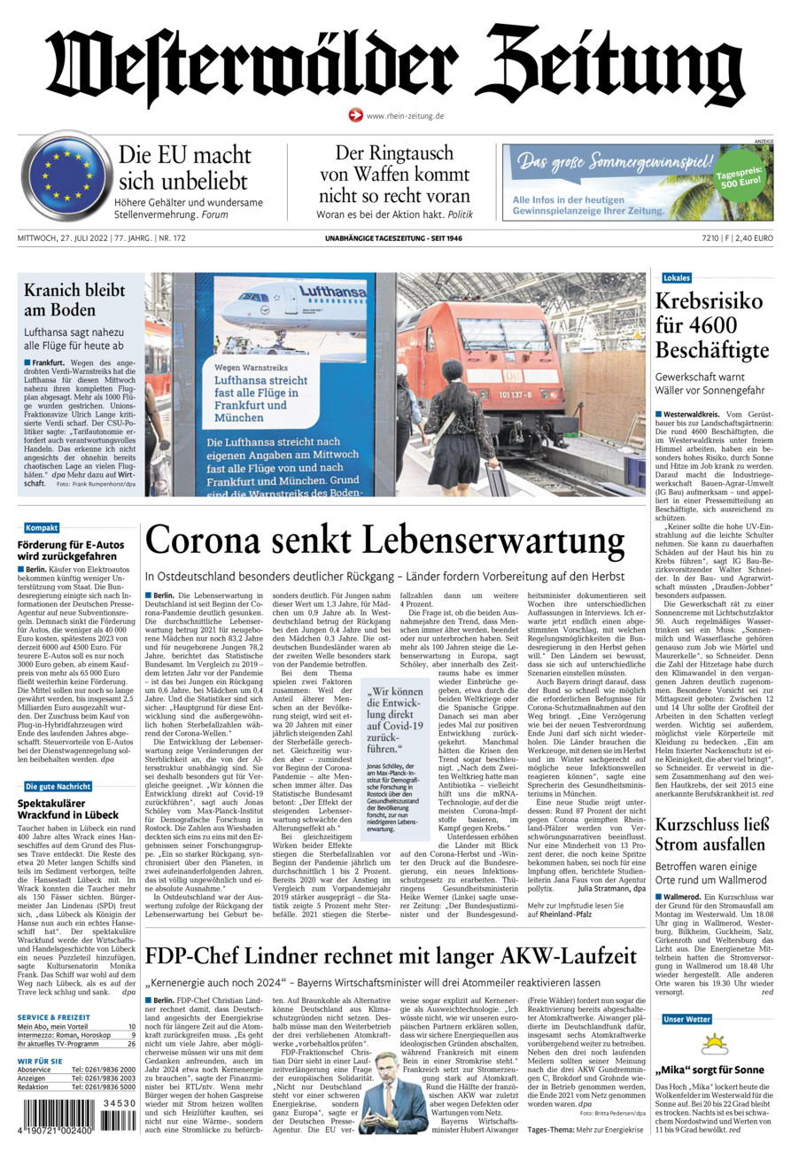 Westerwälder Zeitung vom Mittwoch, 27.07.2022