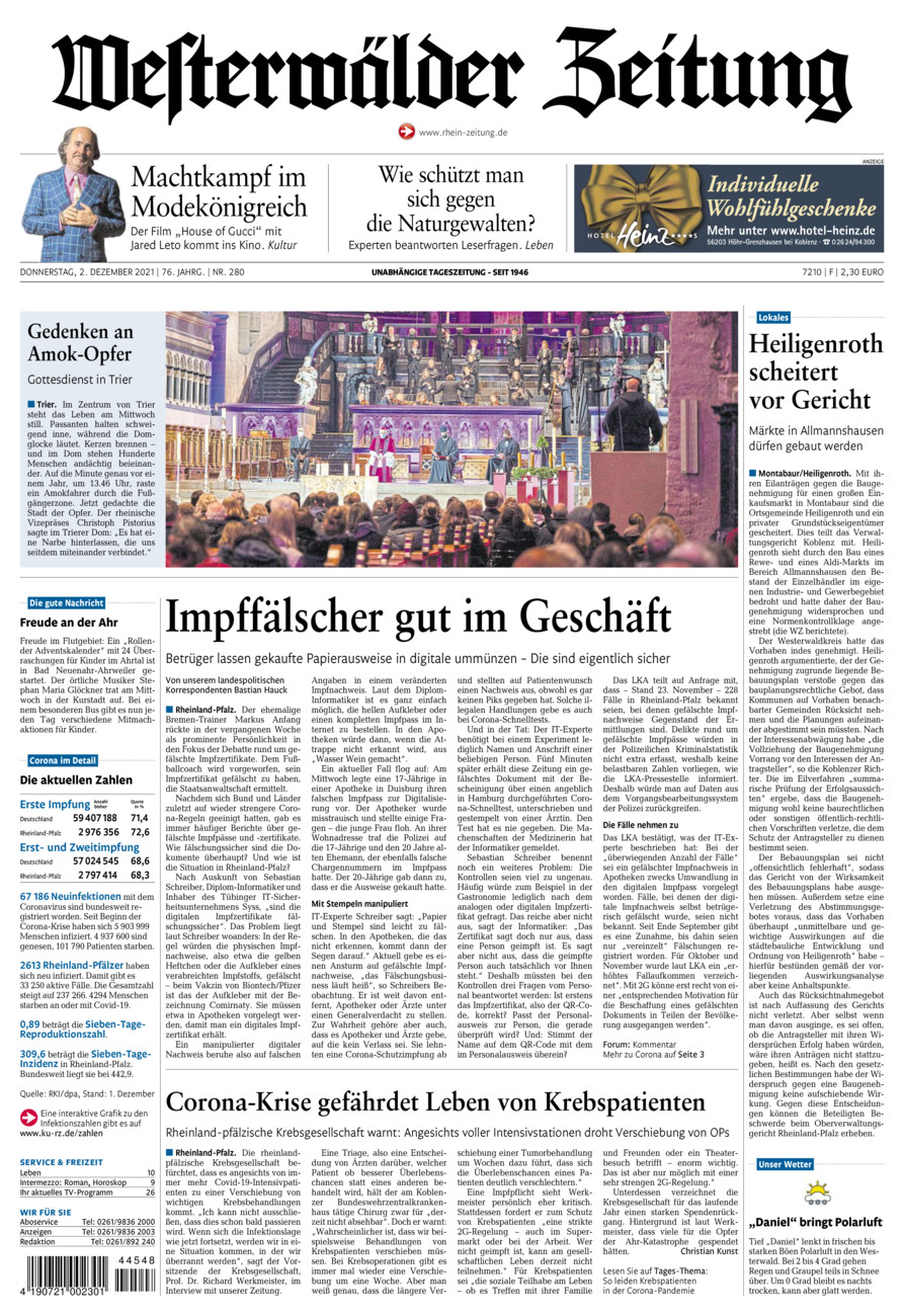 Westerwälder Zeitung vom Donnerstag, 02.12.2021