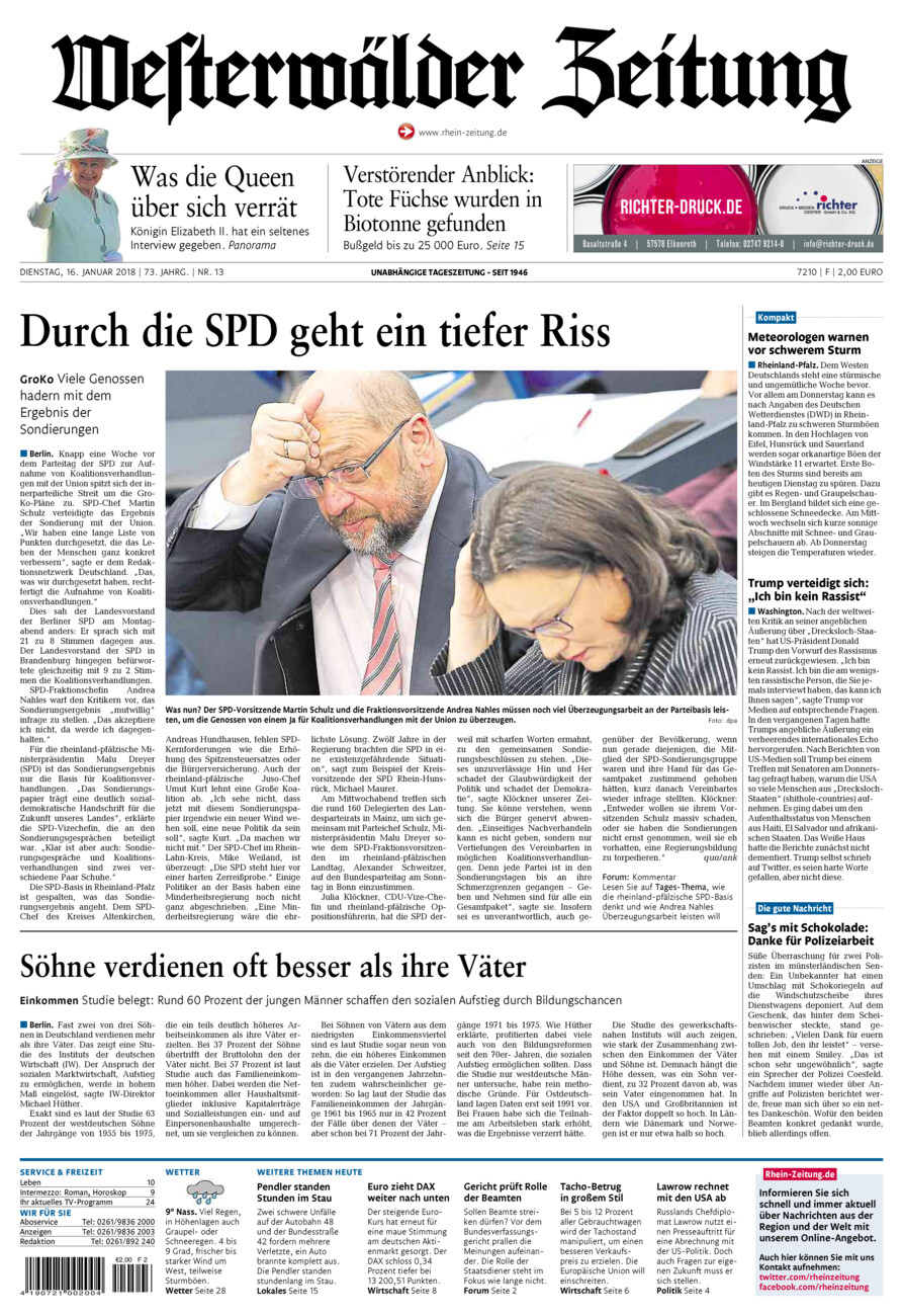 Westerwälder Zeitung vom Dienstag, 16.01.2018