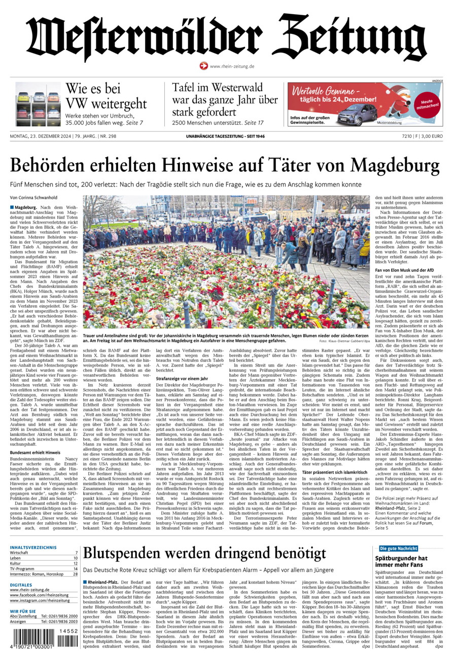 Westerwälder Zeitung vom Montag, 23.12.2024