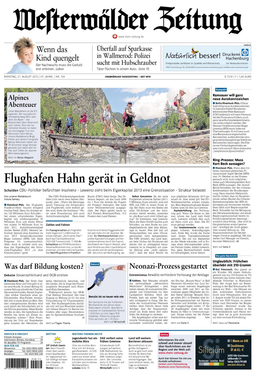 Westerwälder Zeitung vom Dienstag, 21.08.2012