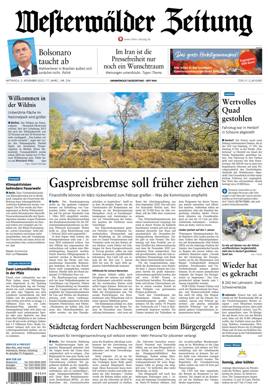 Westerwälder Zeitung vom Mittwoch, 02.11.2022