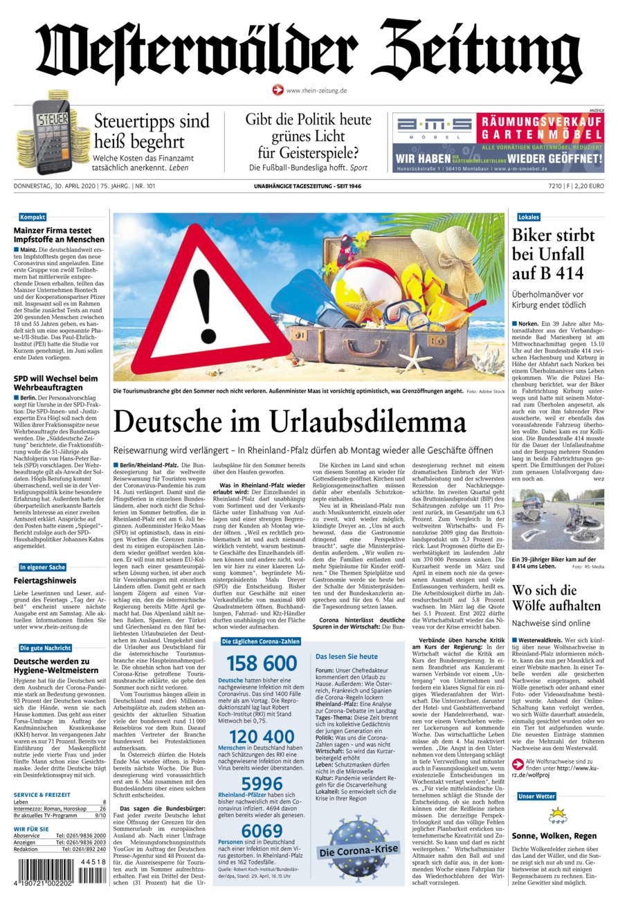 Westerwälder Zeitung vom Donnerstag, 30.04.2020