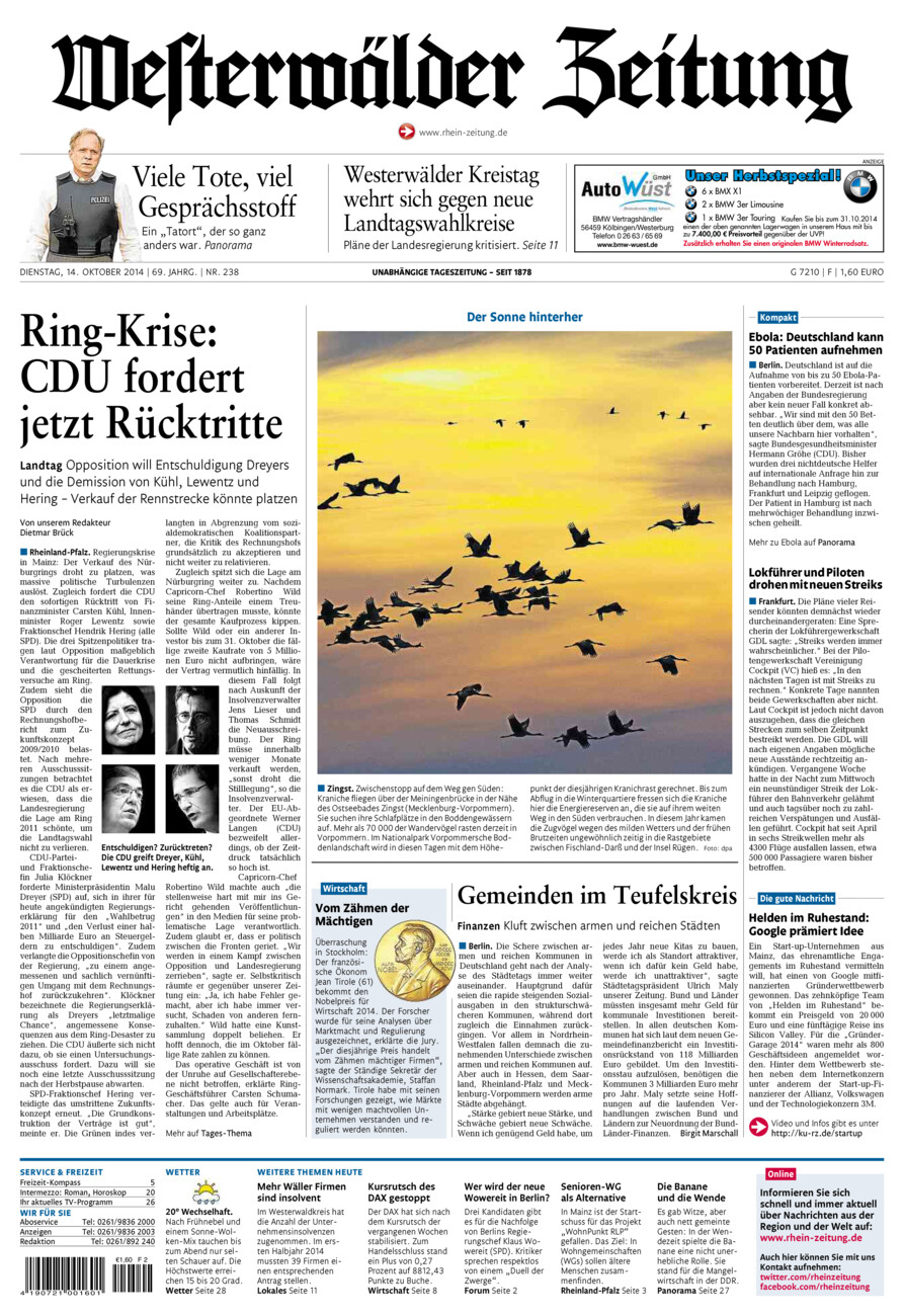 Westerwälder Zeitung vom Dienstag, 14.10.2014