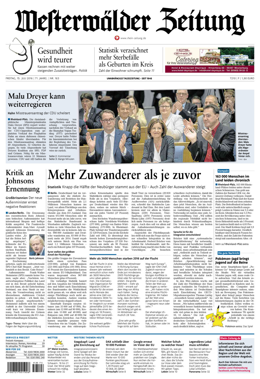 Westerwälder Zeitung vom Freitag, 15.07.2016
