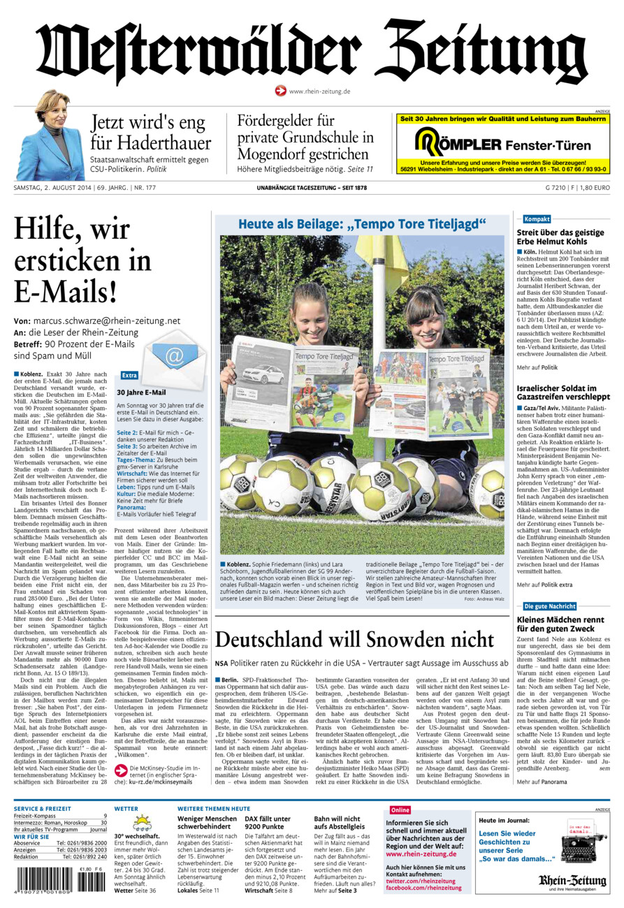 Westerwälder Zeitung vom Samstag, 02.08.2014