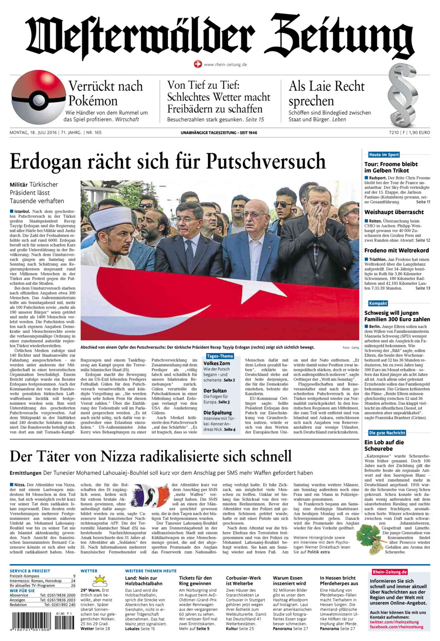 Westerwälder Zeitung vom Montag, 18.07.2016