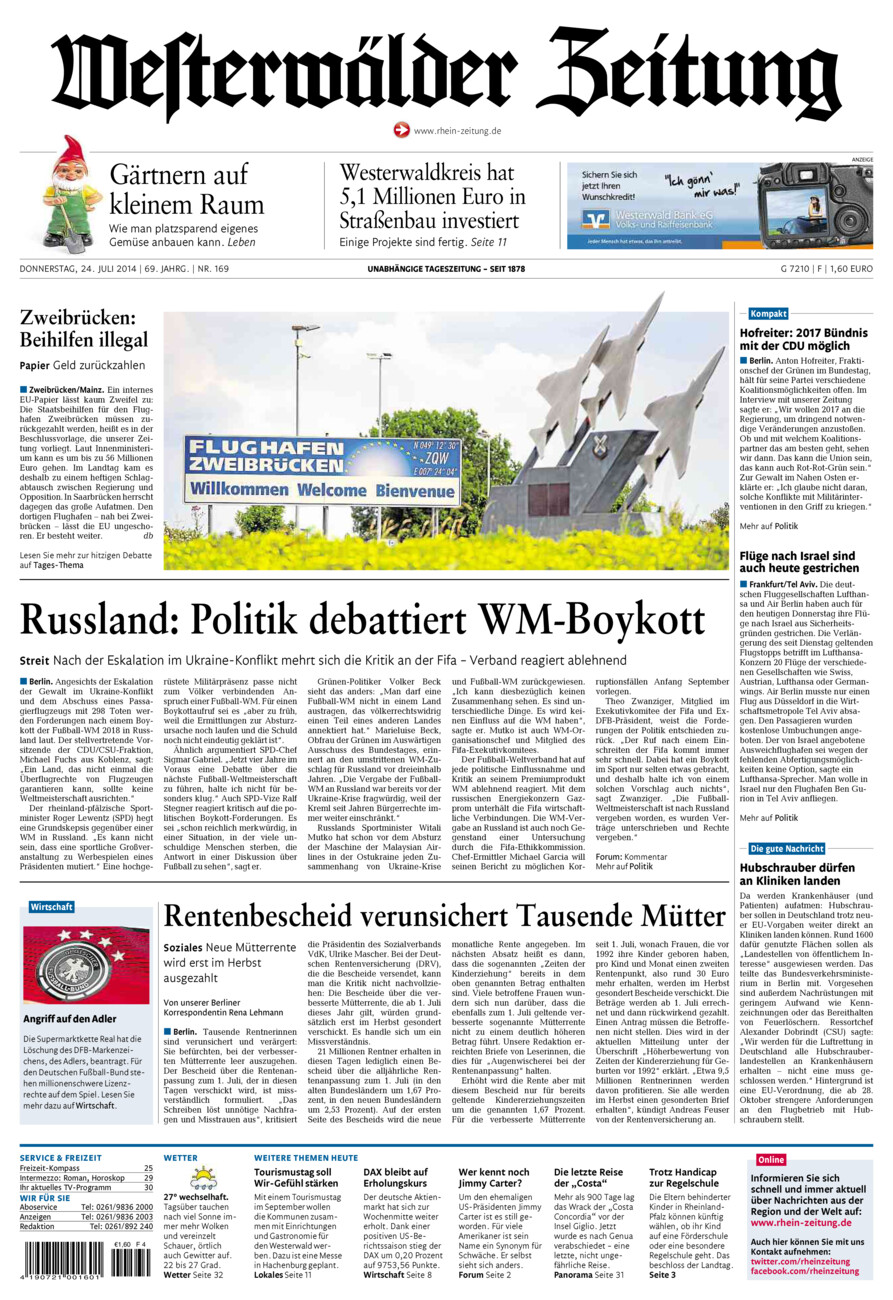 Westerwälder Zeitung vom Donnerstag, 24.07.2014