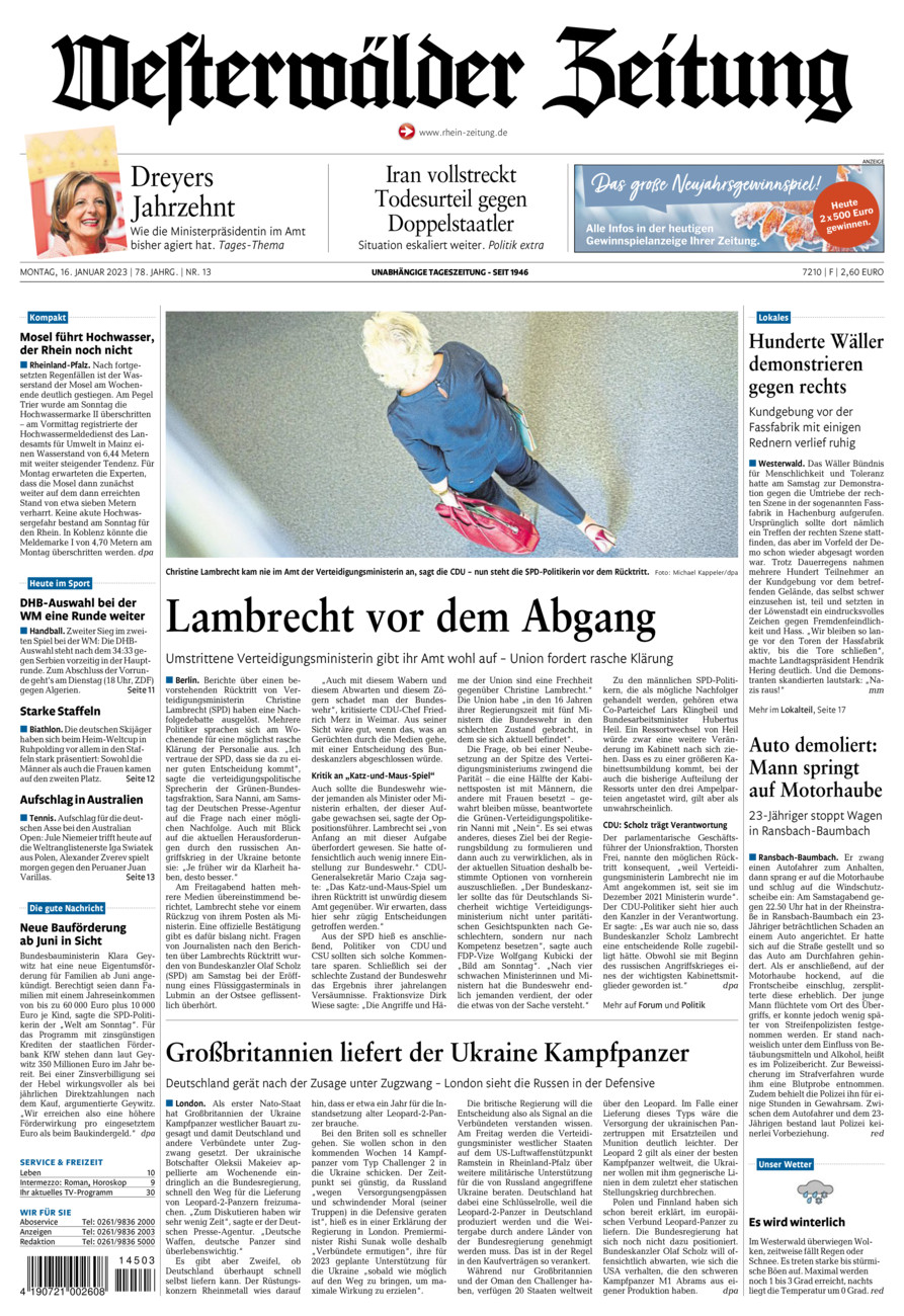 Westerwälder Zeitung vom Montag, 16.01.2023