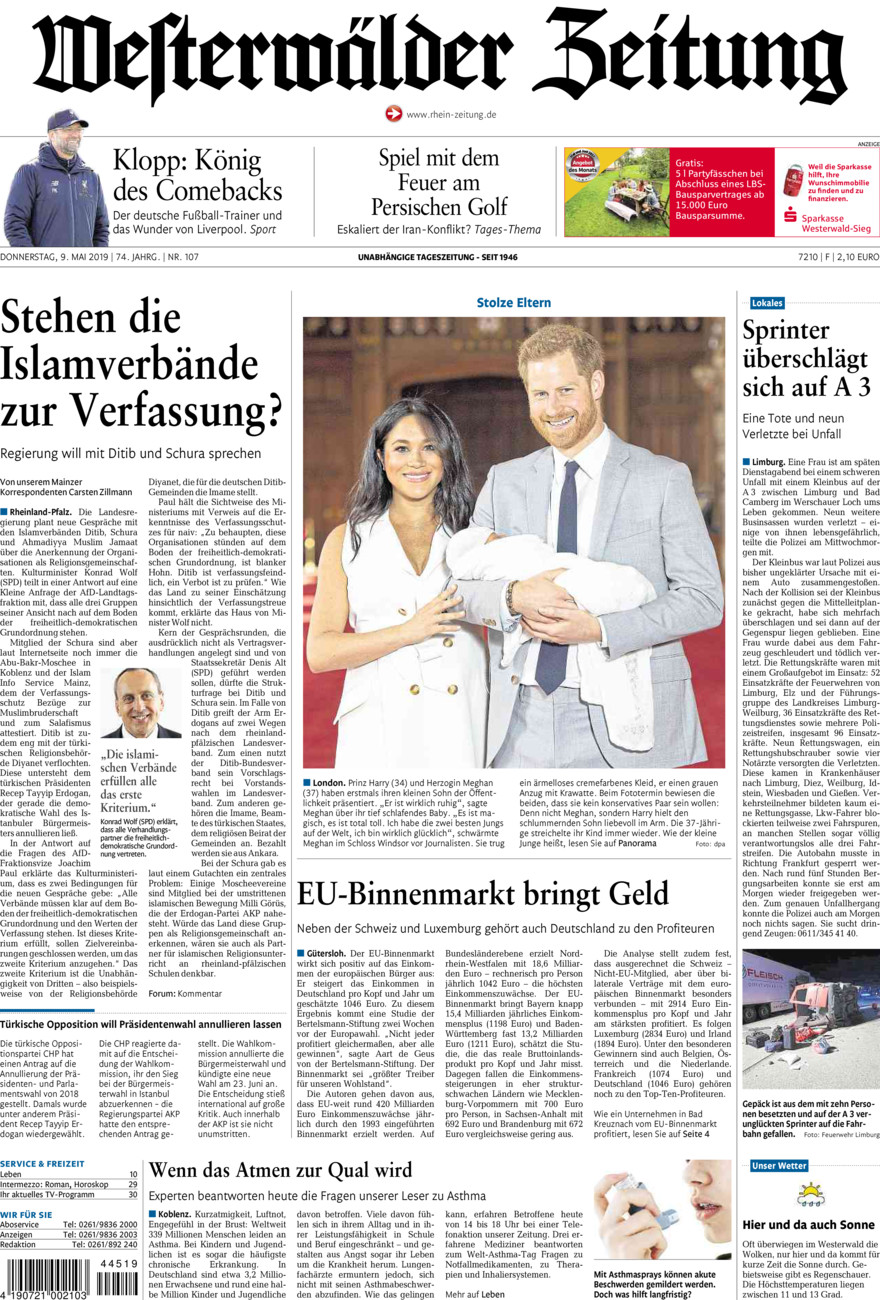 Westerwälder Zeitung vom Donnerstag, 09.05.2019
