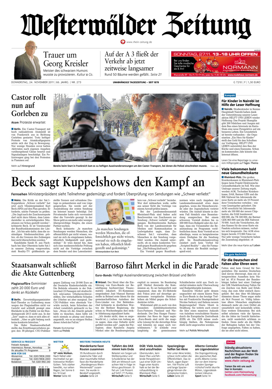 Westerwälder Zeitung vom Donnerstag, 24.11.2011