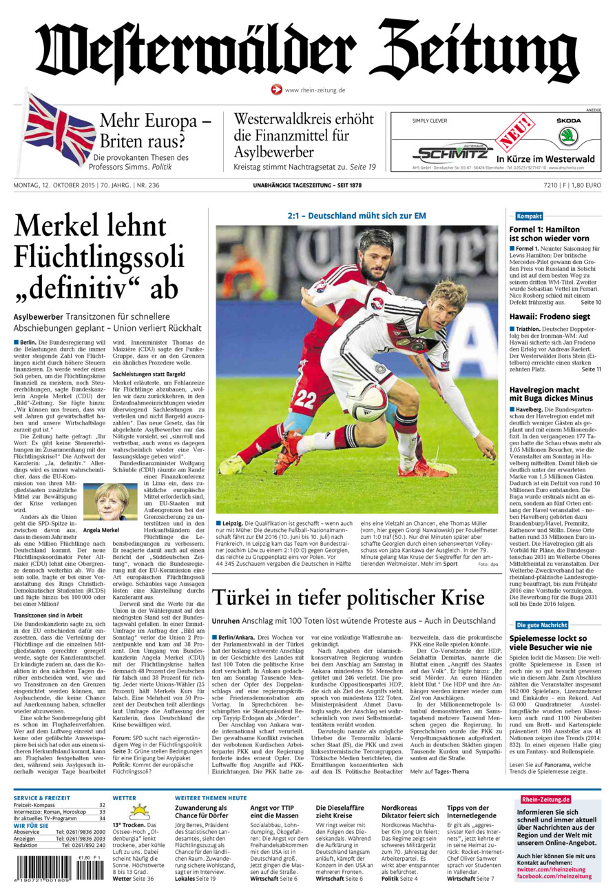 Westerwälder Zeitung vom Montag, 12.10.2015