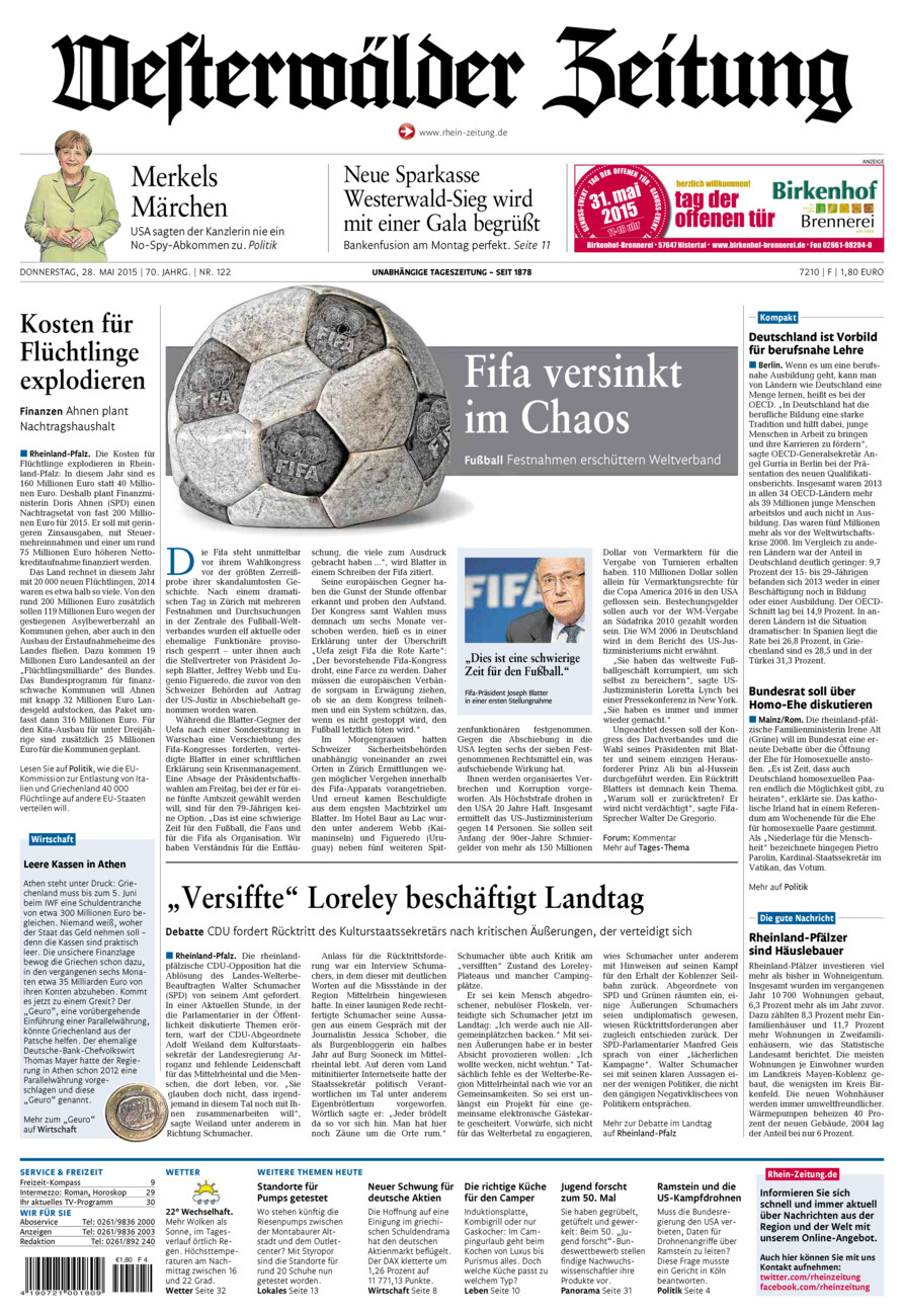 Westerwälder Zeitung vom Donnerstag, 28.05.2015