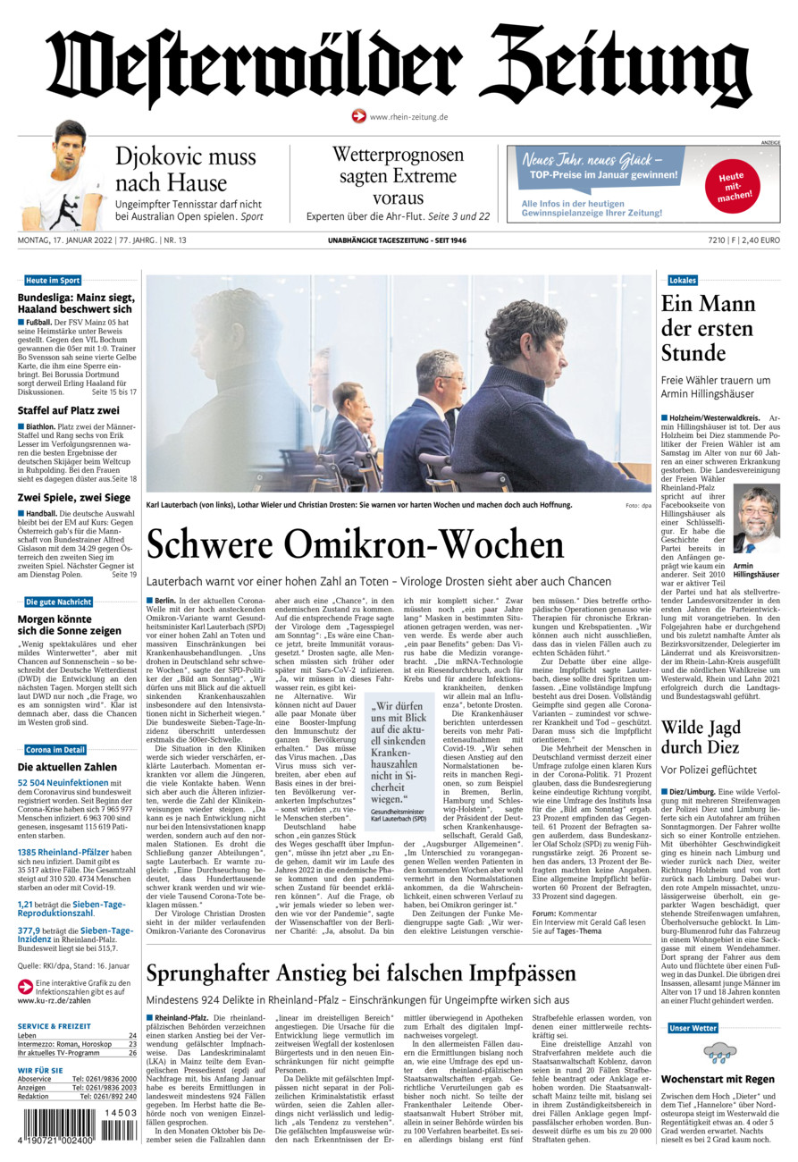 Westerwälder Zeitung vom Montag, 17.01.2022