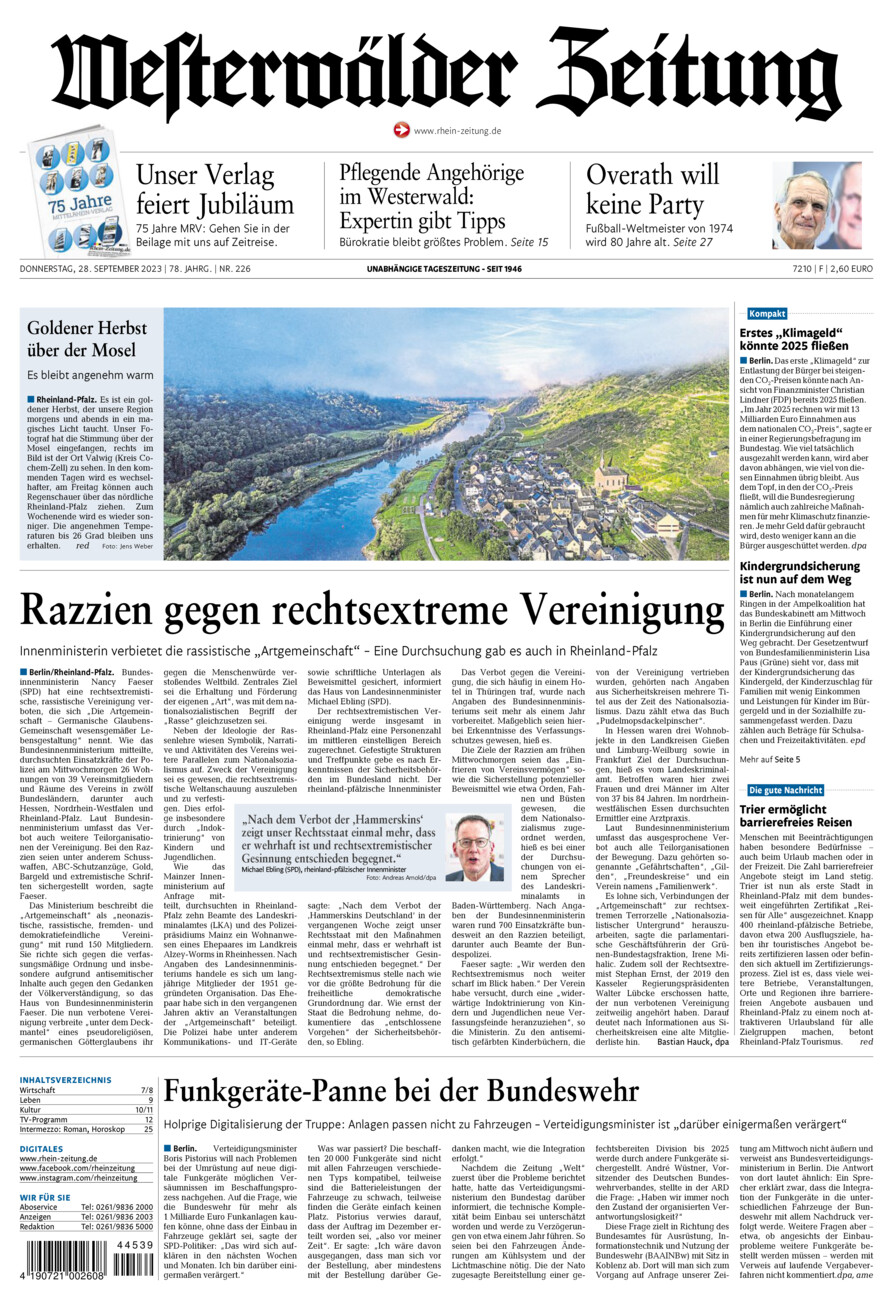 Westerwälder Zeitung vom Donnerstag, 28.09.2023