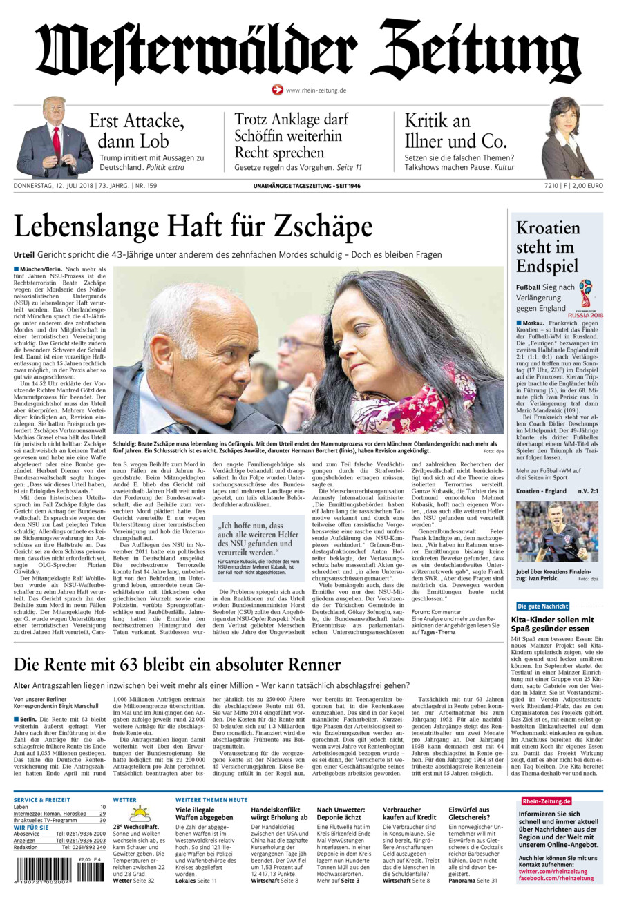 Westerwälder Zeitung vom Donnerstag, 12.07.2018