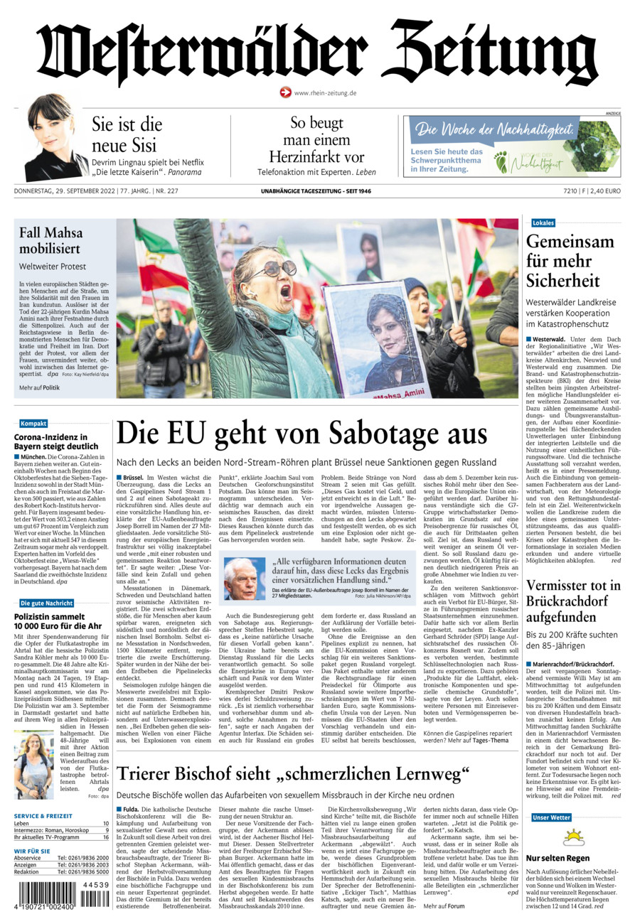 Westerwälder Zeitung vom Donnerstag, 29.09.2022