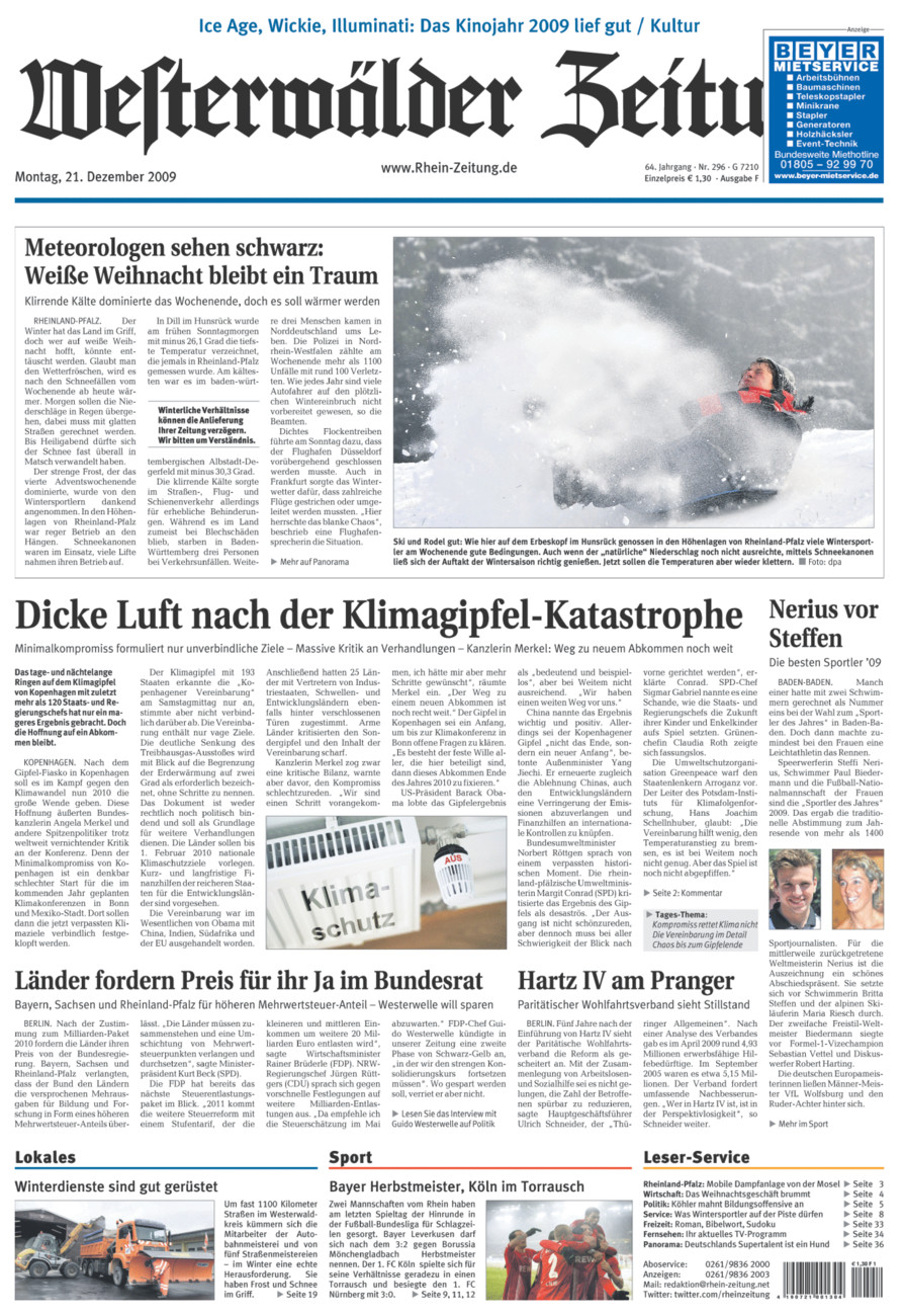 Westerwälder Zeitung vom Montag, 21.12.2009