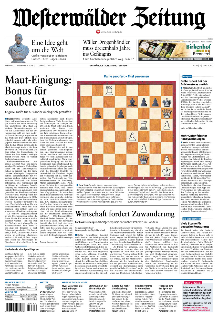 Westerwälder Zeitung vom Freitag, 02.12.2016