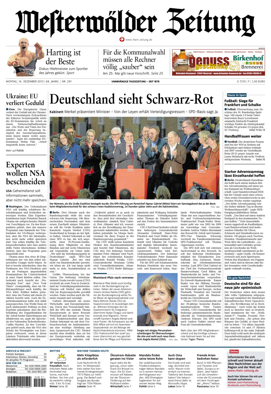 Westerwälder Zeitung vom Montag, 16.12.2013