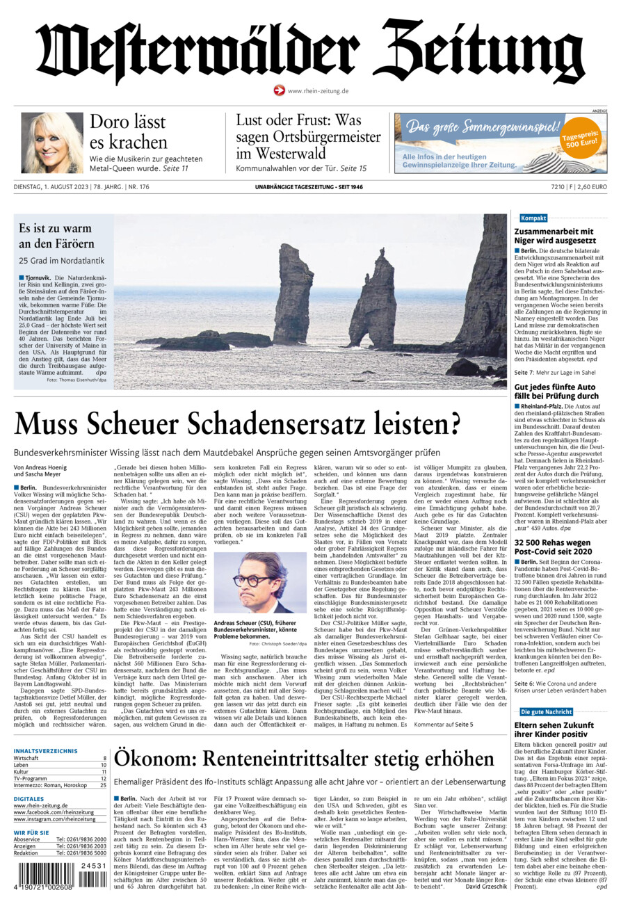 Westerwälder Zeitung vom Dienstag, 01.08.2023