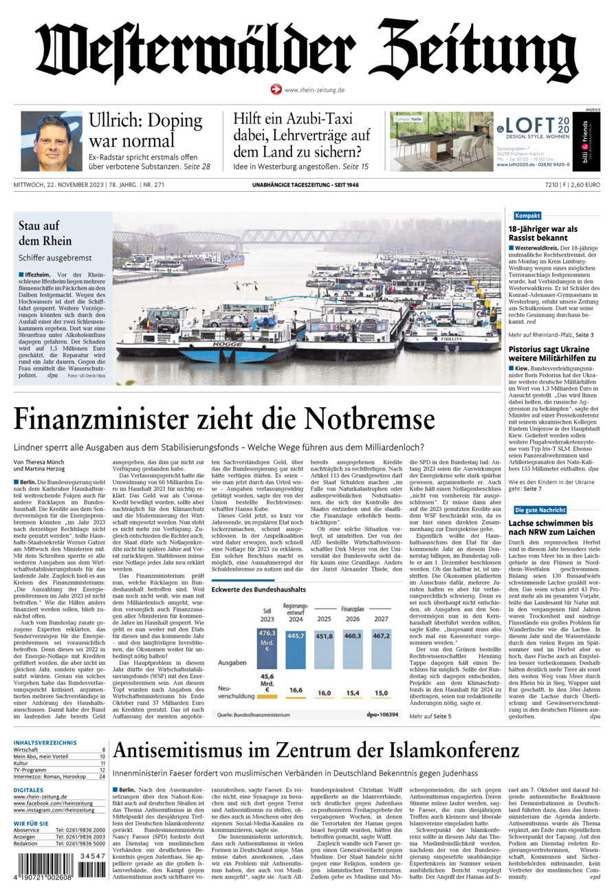Westerwälder Zeitung vom Mittwoch, 22.11.2023