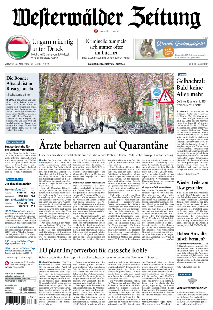 Westerwälder Zeitung vom Mittwoch, 06.04.2022