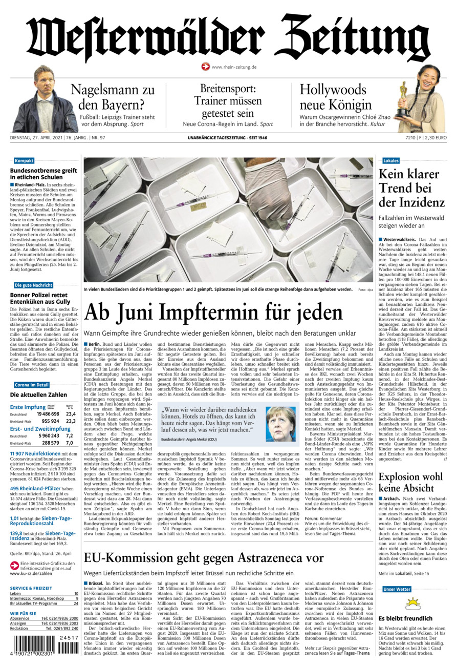 Westerwälder Zeitung vom Dienstag, 27.04.2021