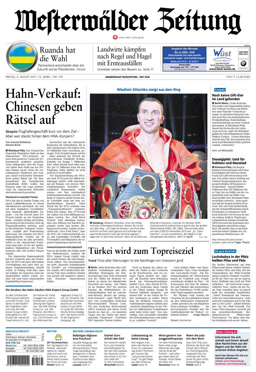 Westerwälder Zeitung vom Freitag, 04.08.2017