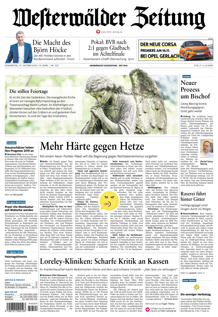 Westerwälder Zeitung vom Donnerstag, 31.10.2019