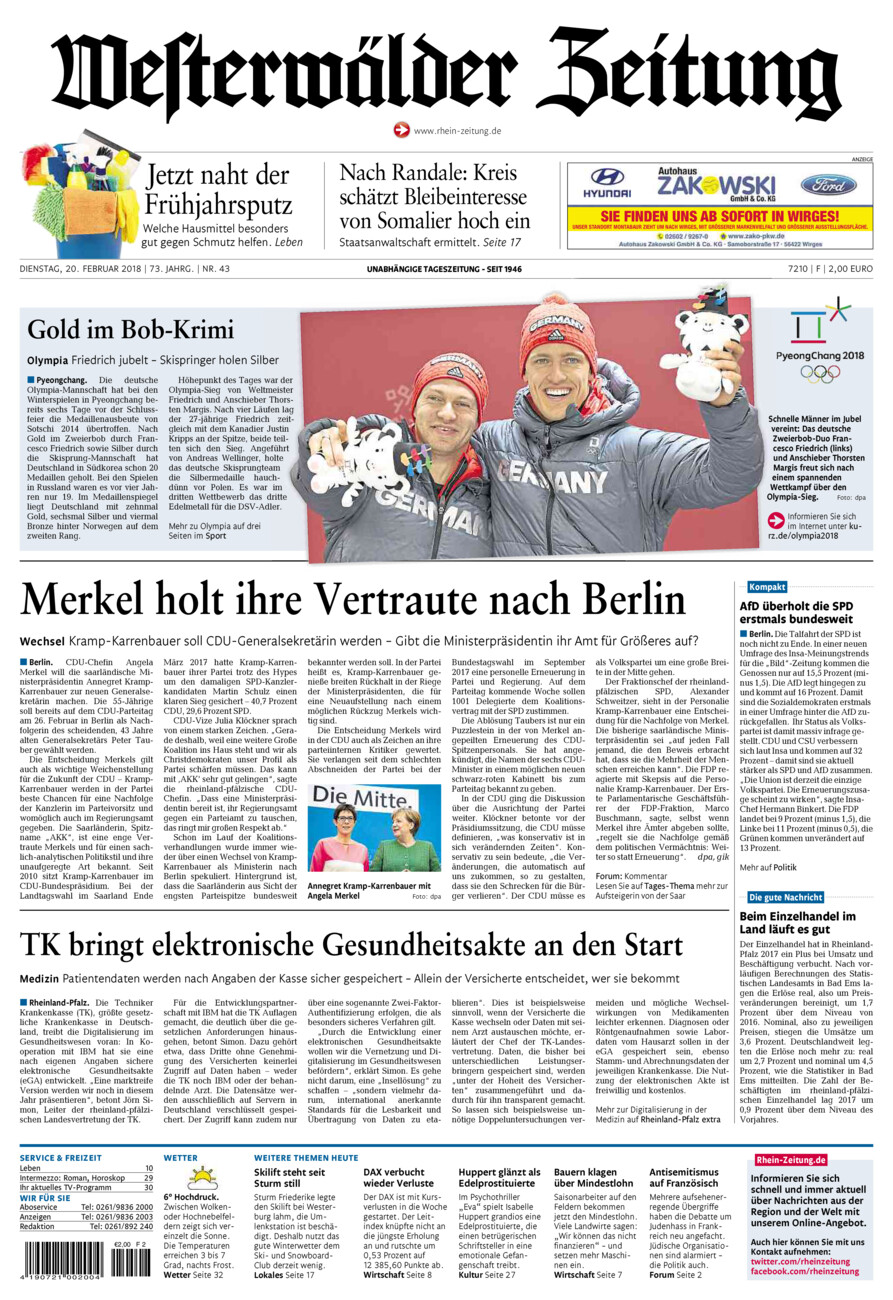 Westerwälder Zeitung vom Dienstag, 20.02.2018