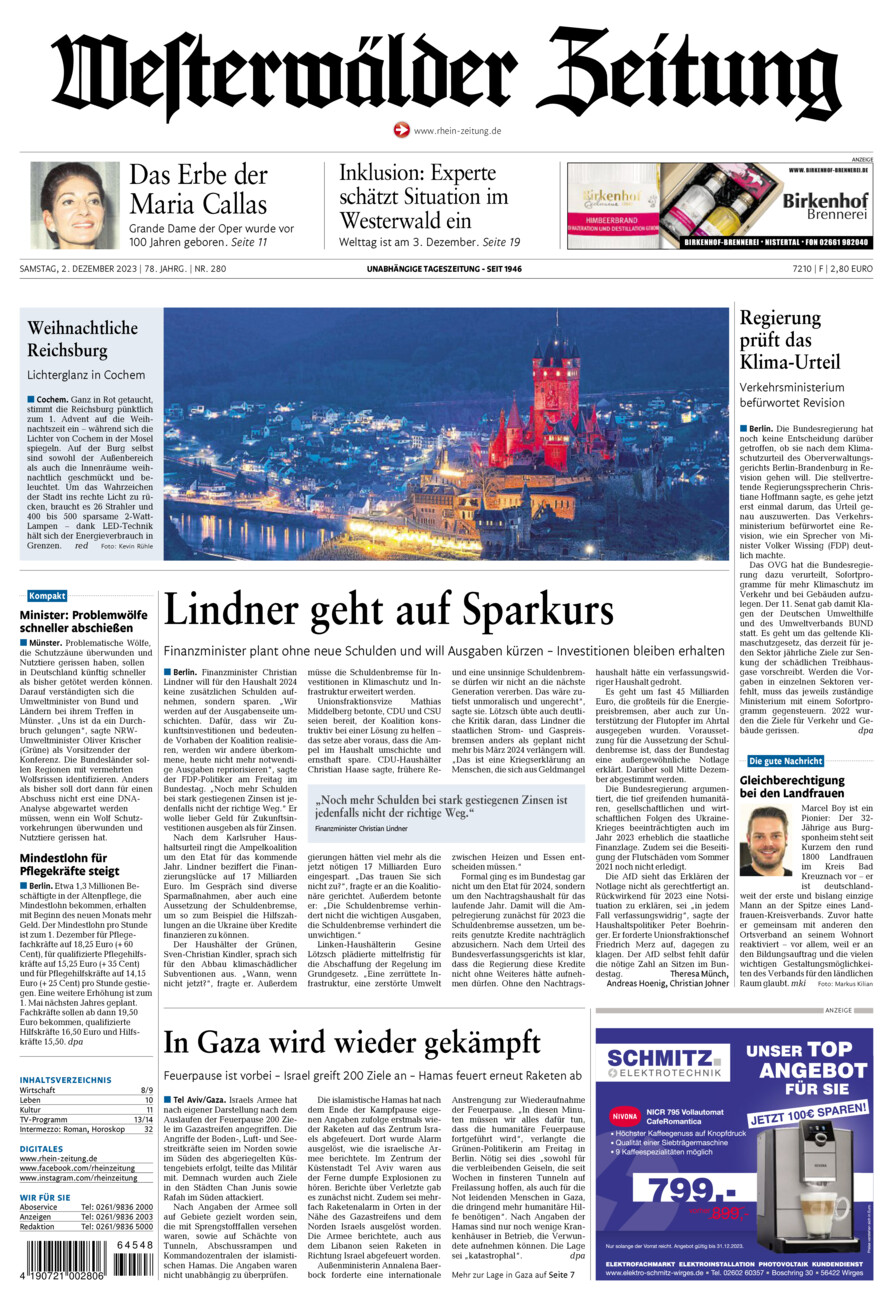Westerwälder Zeitung vom Samstag, 02.12.2023