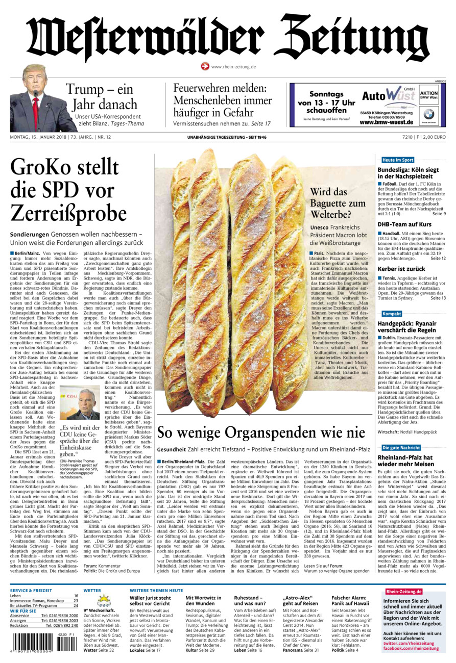 Westerwälder Zeitung vom Montag, 15.01.2018