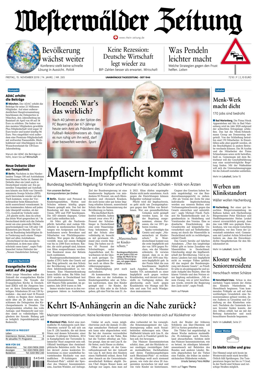 Westerwälder Zeitung vom Freitag, 15.11.2019