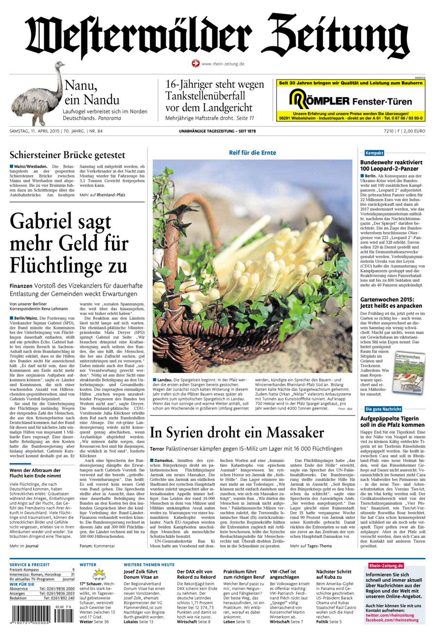 Westerwälder Zeitung vom Samstag, 11.04.2015