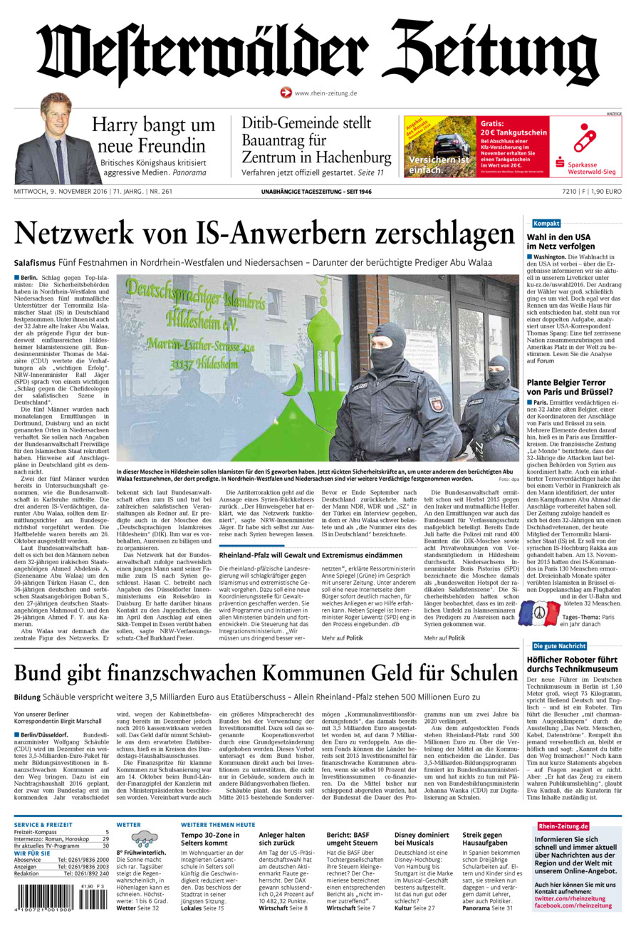 Westerwälder Zeitung vom Mittwoch, 09.11.2016