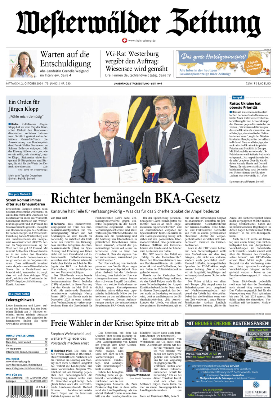 Westerwälder Zeitung vom Mittwoch, 02.10.2024