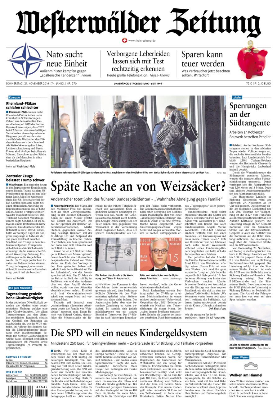 Westerwälder Zeitung vom Donnerstag, 21.11.2019