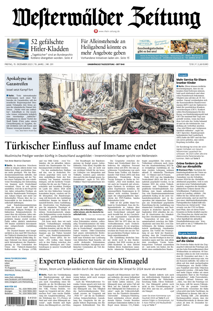 Westerwälder Zeitung vom Freitag, 15.12.2023