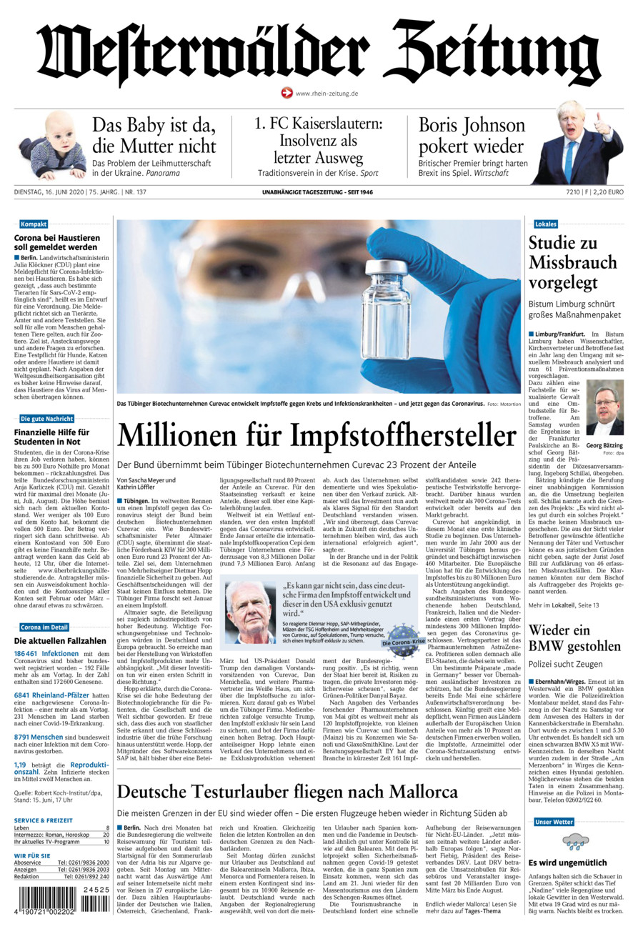 Westerwälder Zeitung vom Dienstag, 16.06.2020