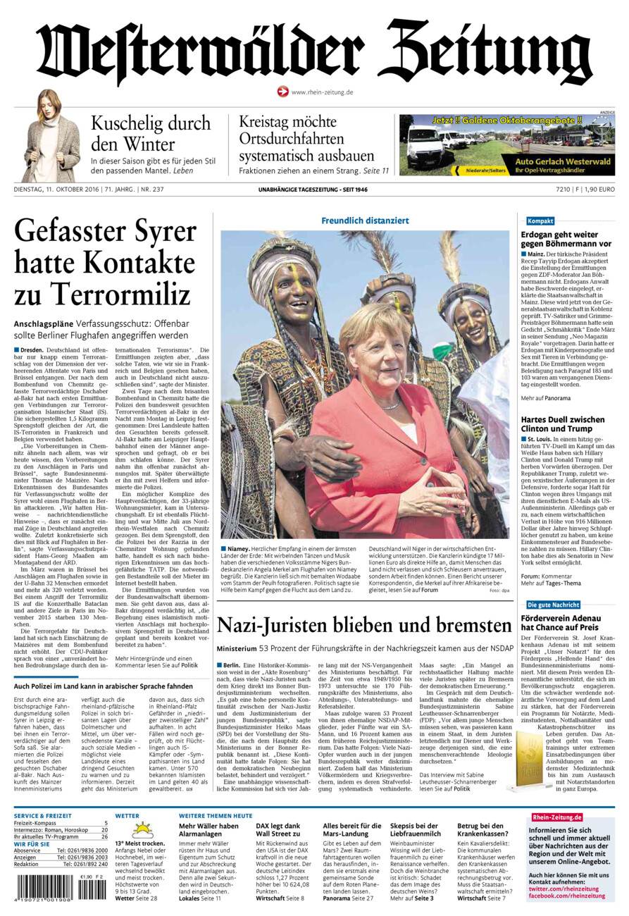 Westerwälder Zeitung vom Dienstag, 11.10.2016