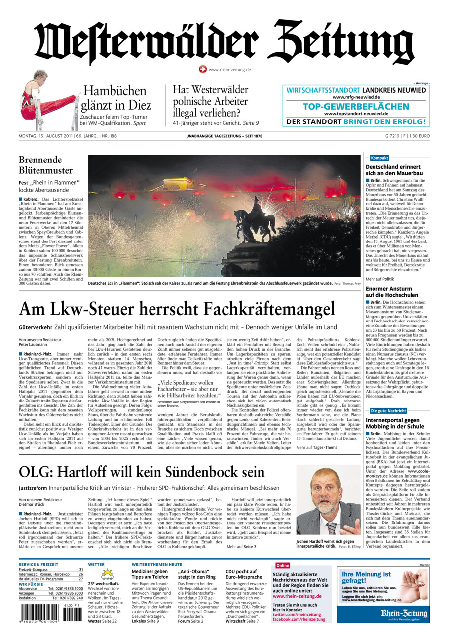 Westerwälder Zeitung vom Montag, 15.08.2011