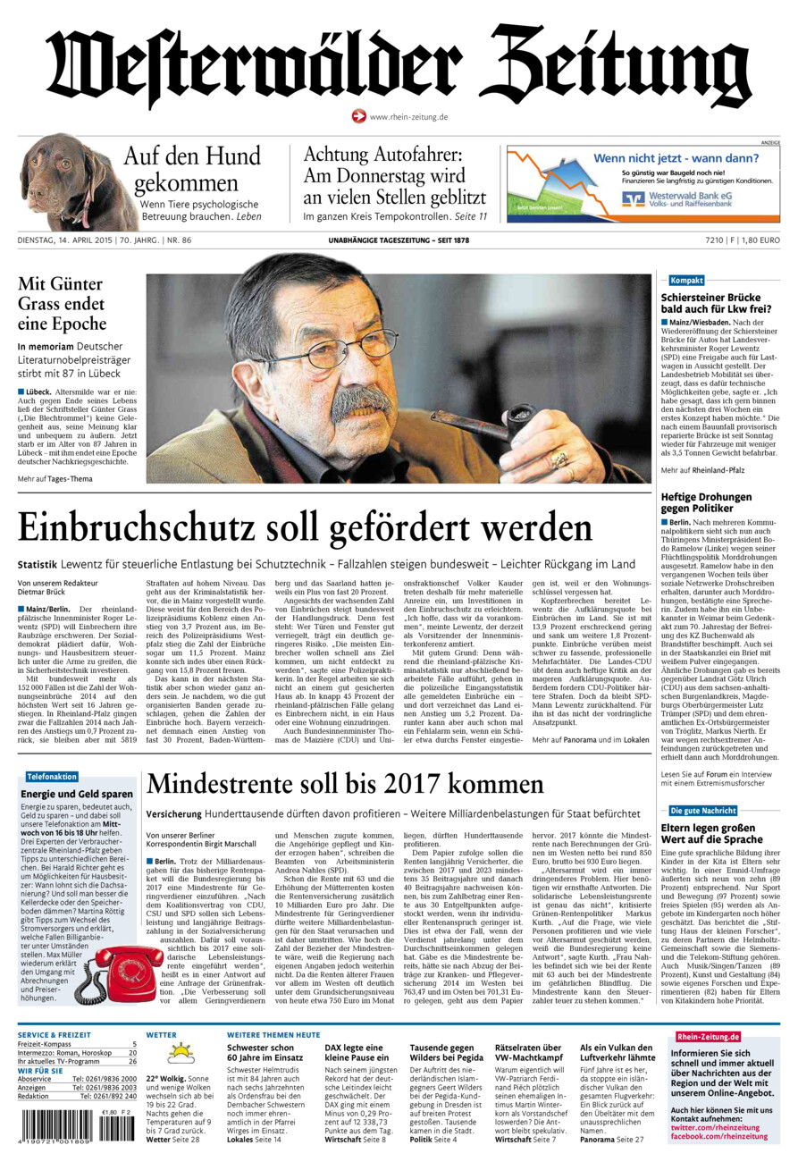 Westerwälder Zeitung vom Dienstag, 14.04.2015