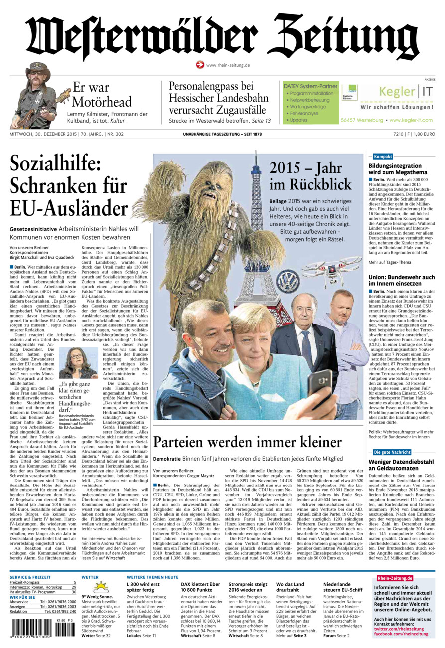 Westerwälder Zeitung vom Mittwoch, 30.12.2015