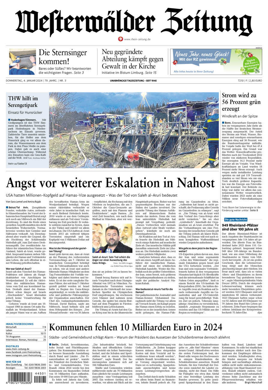 Westerwälder Zeitung vom Donnerstag, 04.01.2024